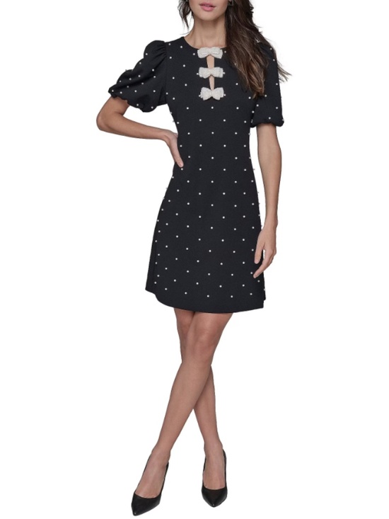Karl Lagerfeld Paris Dresses & Skirts - Dotted Scuba Crepe Round Neck Short Puff Sleeve Pearl Bow S